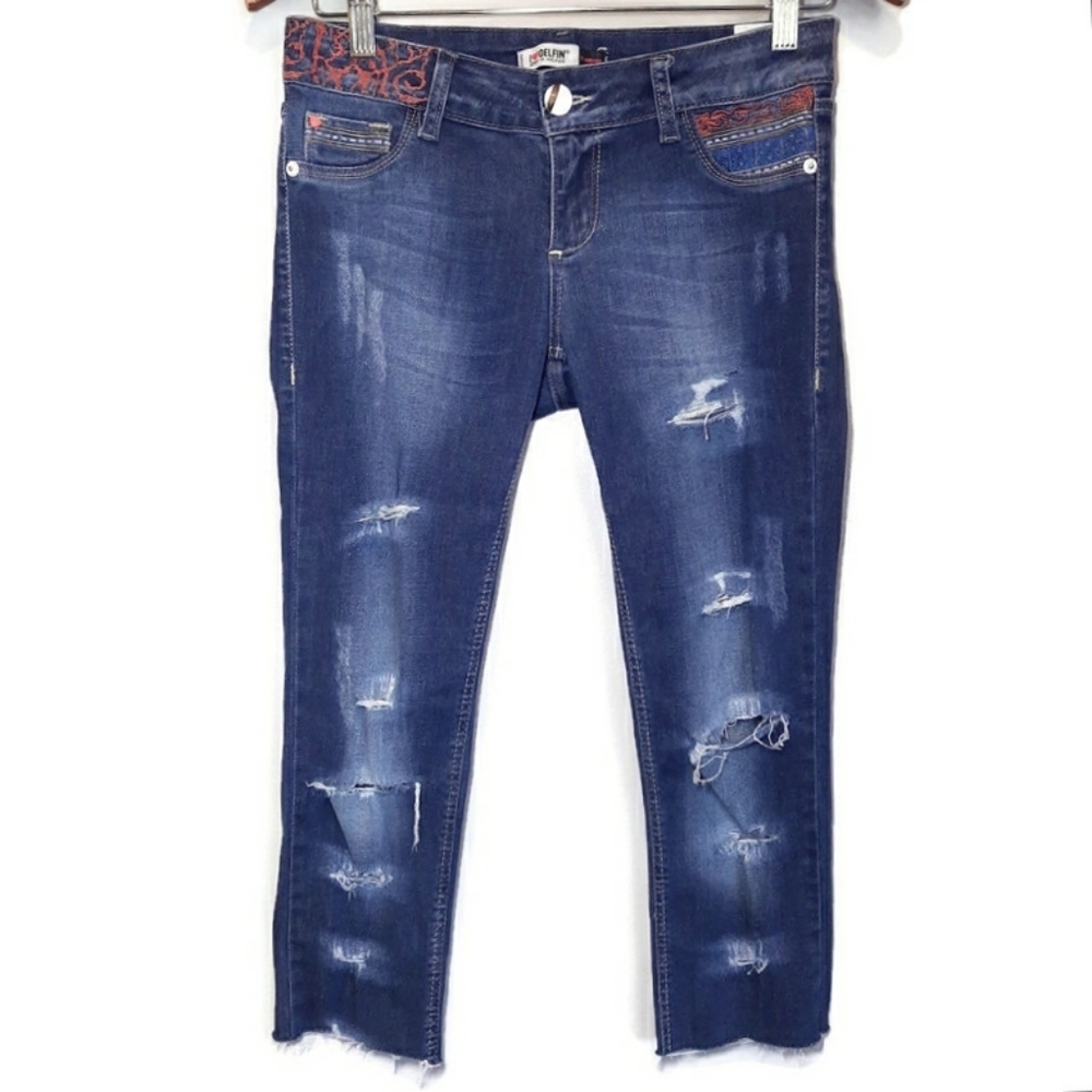 Y2K Delfin Adriana Destroyed JeansCrop Raw Hem Capri Embroidered Denim Size 27